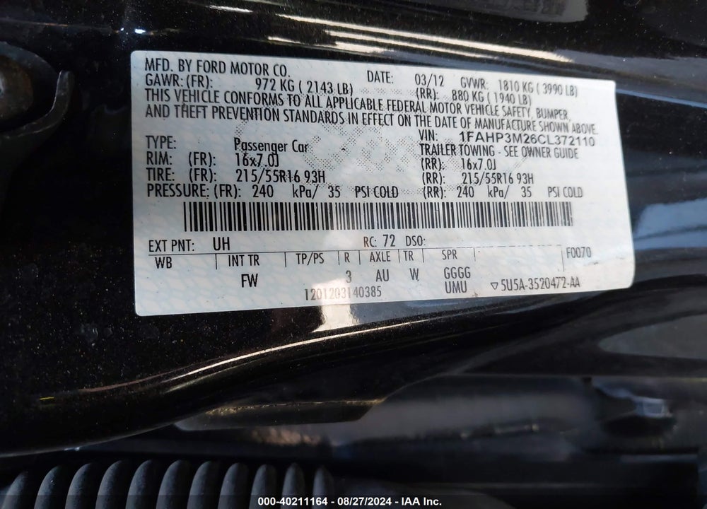 2012 FORD FOCUS VIN: 1FAHP3M26CL372110