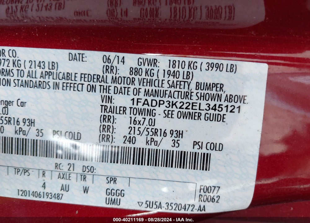 2014 FORD FOCUS SE VIN: 1FADP3K22EL345121