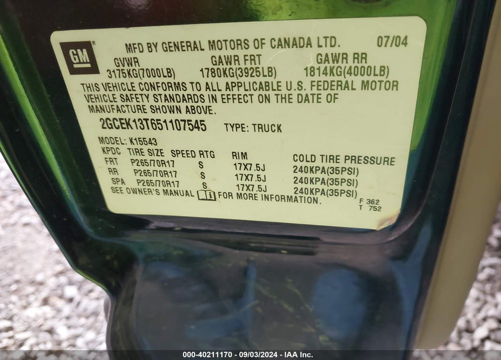 2005 CHEVROLET SILVERADO 1500 Z71 VIN: 2GCEK13T651107545