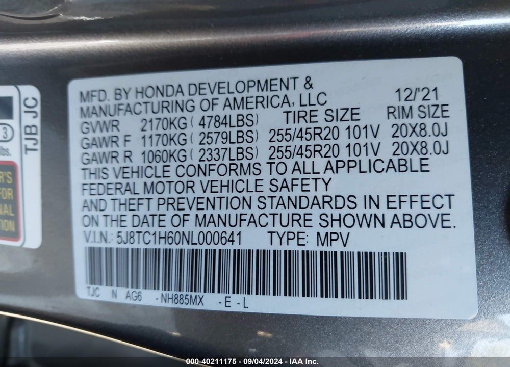 2022 ACURA RDX A-SPEC PACKAGE VIN: 5J8TC1H60NL000641