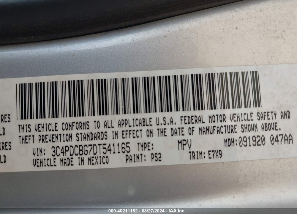2013 DODGE JOURNEY VIN: 3C4PDCBG7DT541165