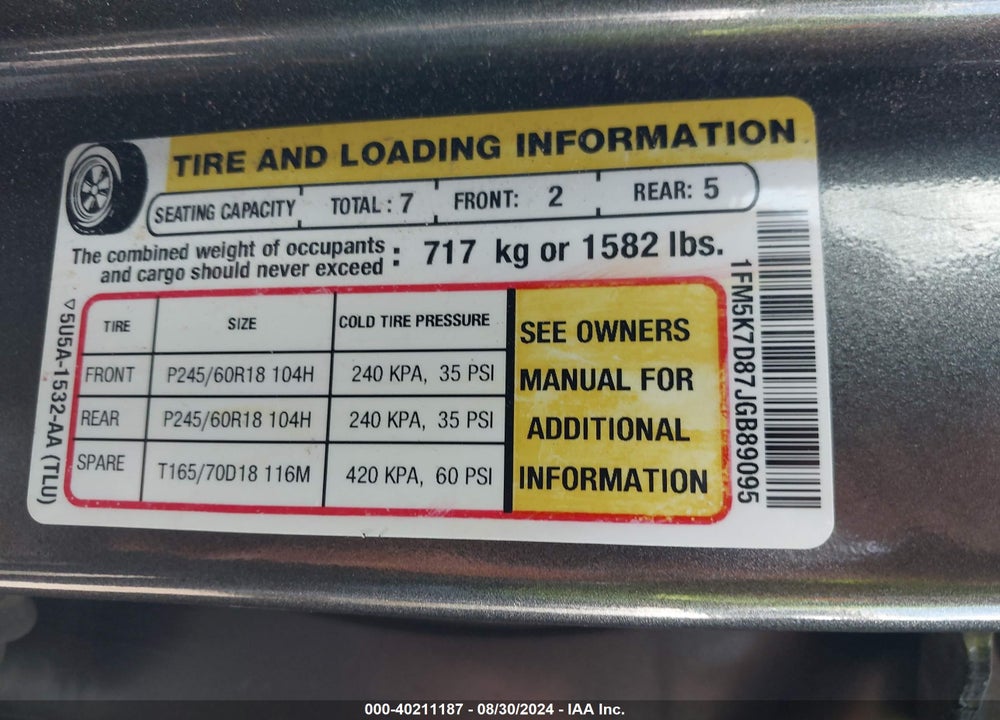 2018 FORD EXPLORER XLT VIN: 1FM5K7D87JGB89095