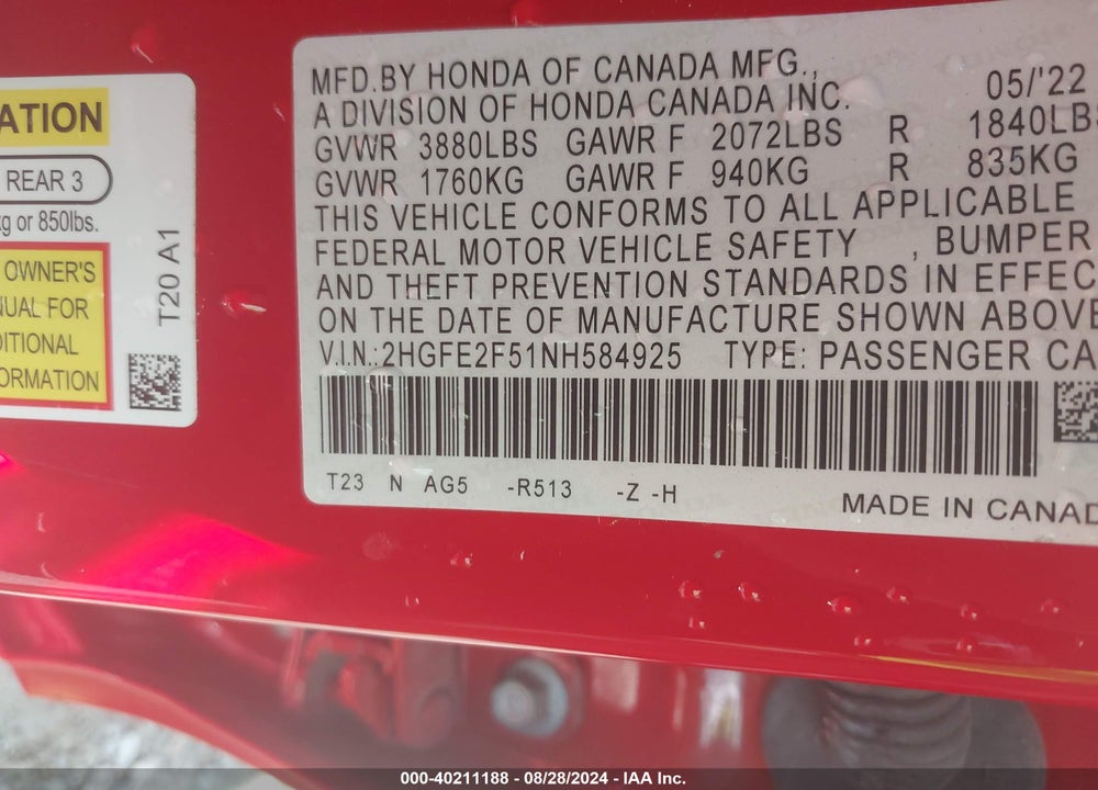 2022 HONDA CIVIC SPORT VIN: 2HGFE2F51NH584925