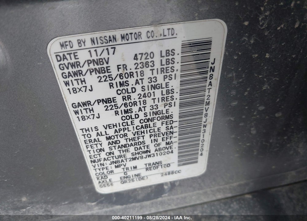 2018 NISSAN ROGUE SL VIN: JN8AT2MV8JW310204
