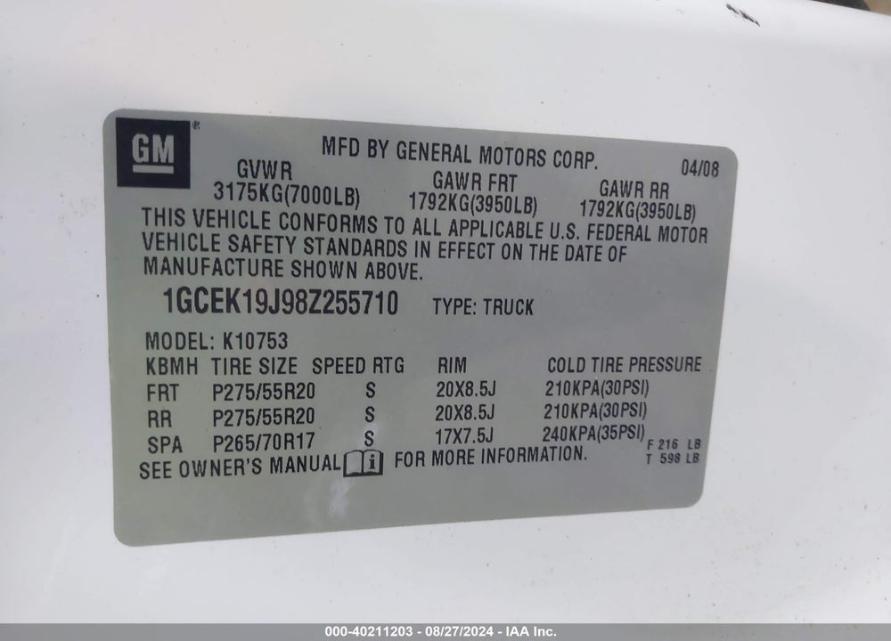 2008 CHEVROLET SILVERADO 1500 LT1 VIN: 1GCEK19J98Z255710