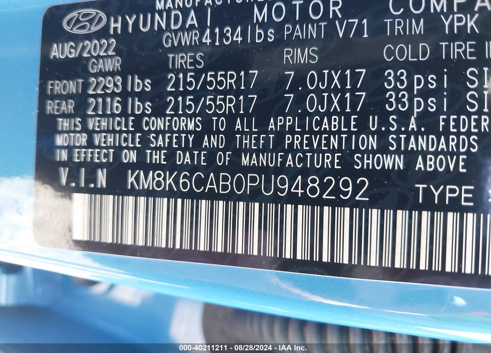 2023 HYUNDAI KONA SEL VIN: KM8K6CAB0PU948292