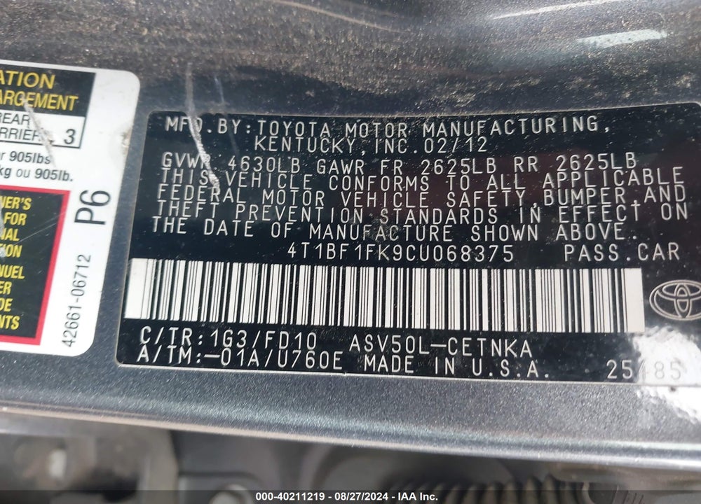 2012 TOYOTA CAMRY LE VIN: 4T1BF1FK9CU068375