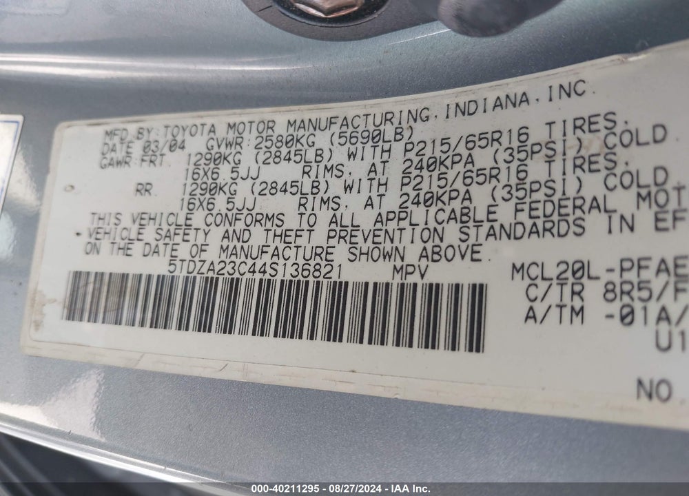 2004 TOYOTA SIENNA CE VIN: 5TDZA23C44S136821