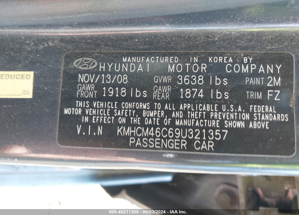 2009 HYUNDAI ACCENT GLS VIN: KMHCM46C69U321357