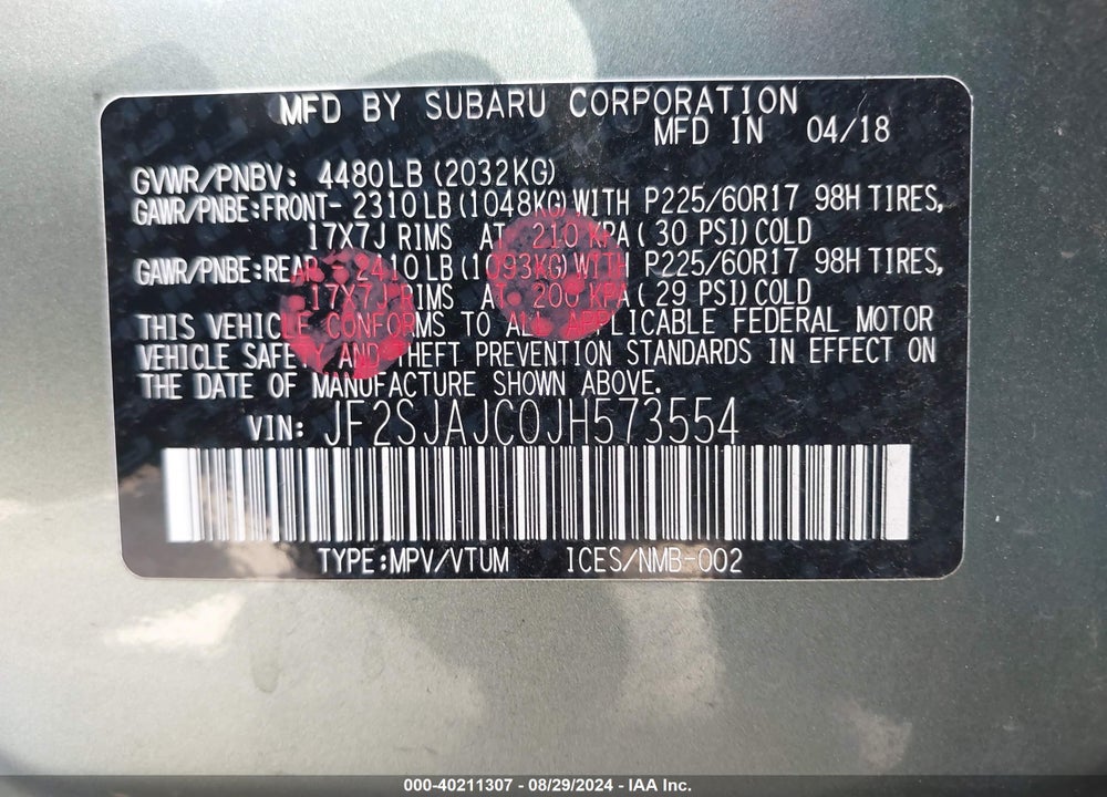 2018 SUBARU FORESTER 2.5I LIMITED VIN: JF2SJAJC0JH573554