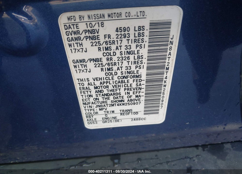 2019 NISSAN ROGUE SV VIN: JN8AT2MT4KW250907