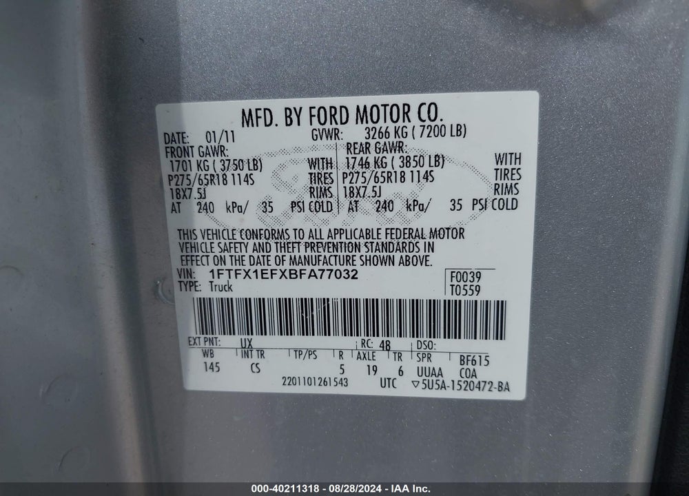 2011 FORD F-150 STX VIN: 1FTFX1EFXBFA77032