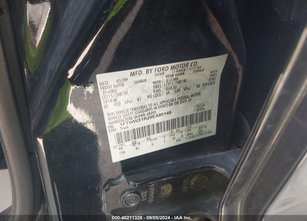 2009 FORD F-350 FX4/HARLEY-DAVIDSON/KING RANCH/LARIAT/XL/XLT VIN: 1FTWW31R29EA80148