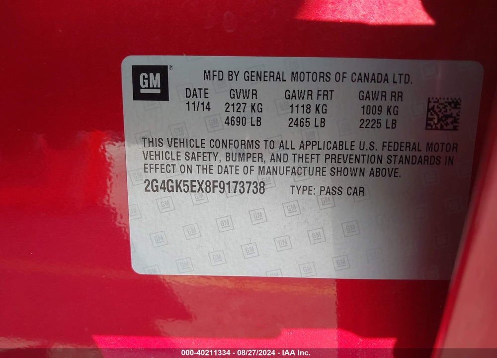 2015 BUICK REGAL TURBO VIN: 2G4GK5EX8F9173738