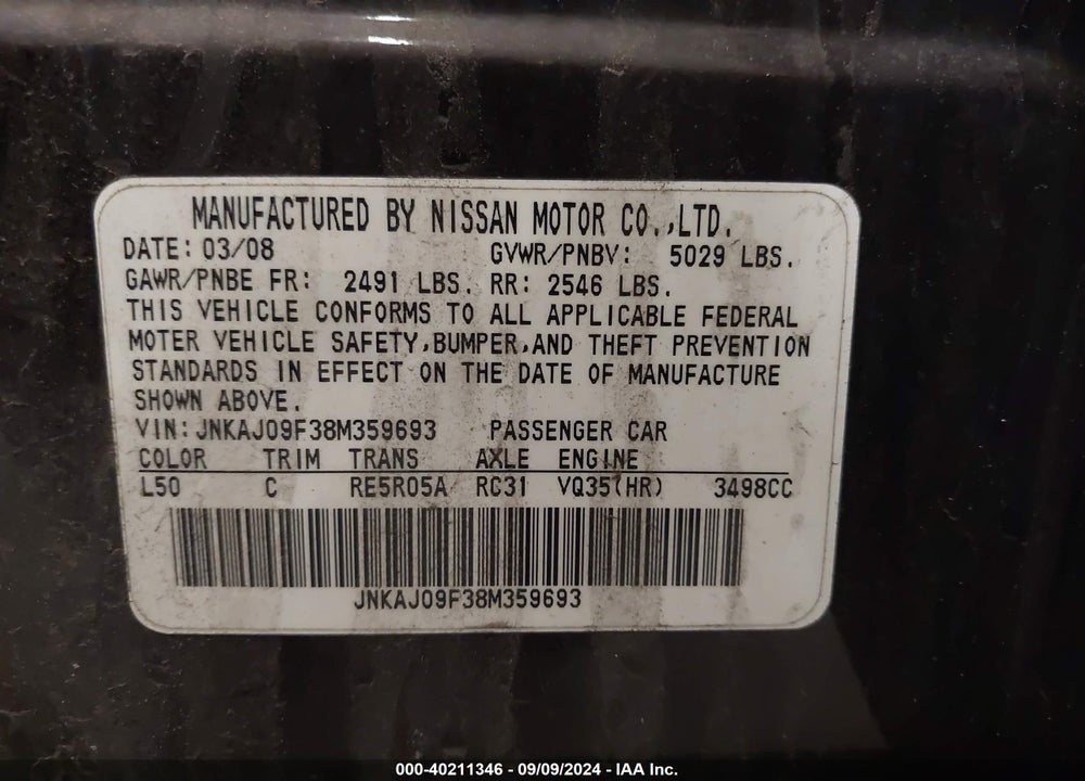 2008 INFINITI EX35 JOURNEY VIN: JNKAJ09F38M359693