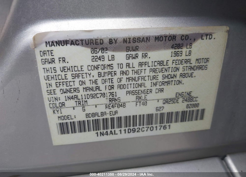2002 NISSAN ALTIMA 2.5 SL VIN: 1N4AL11D92C701761