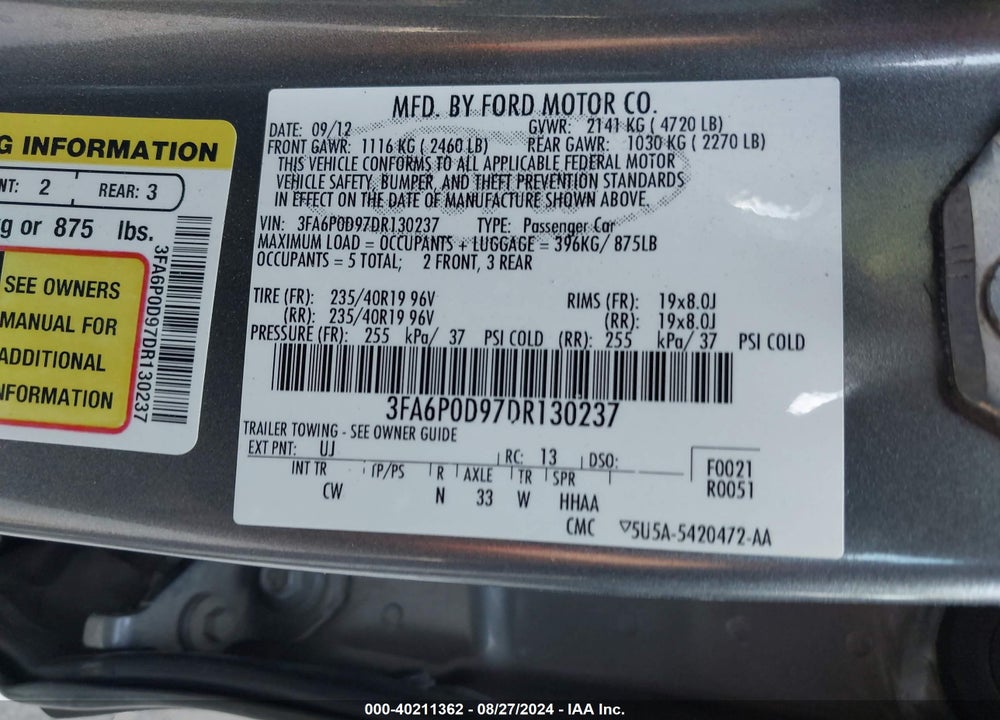 2013 FORD FUSION TITANIUM VIN: 3FA6P0D97DR130237