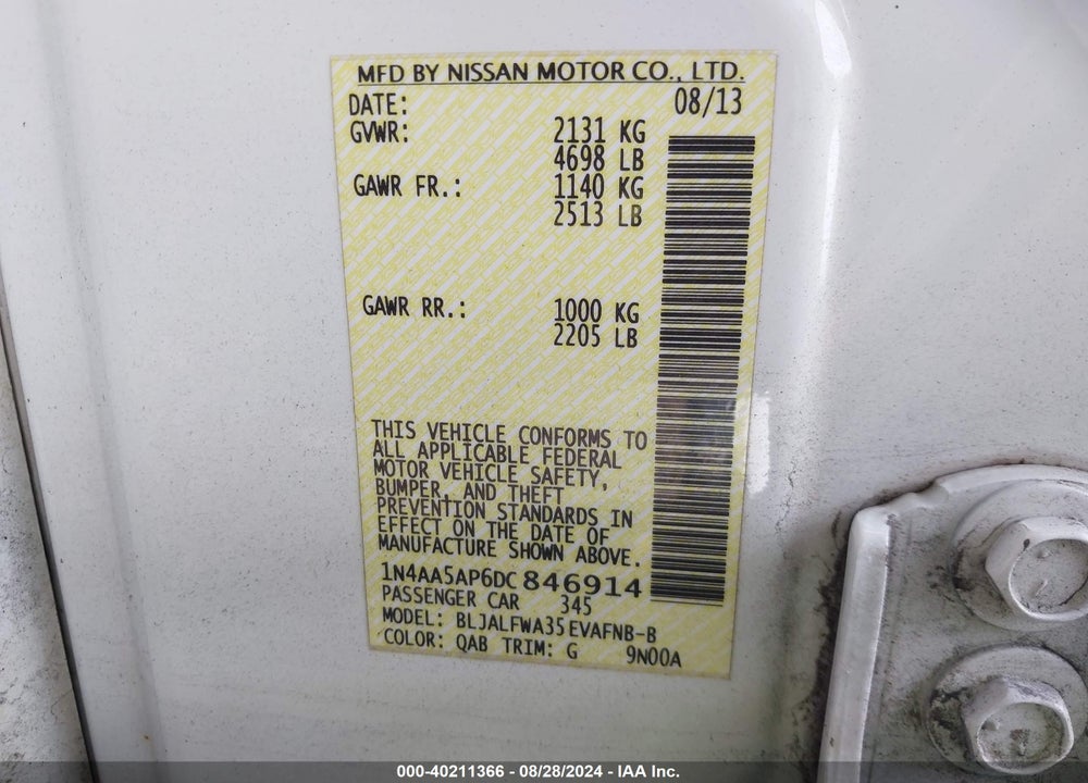 2013 NISSAN MAXIMA 3.5 SV VIN: 1N4AA5AP6DC846914