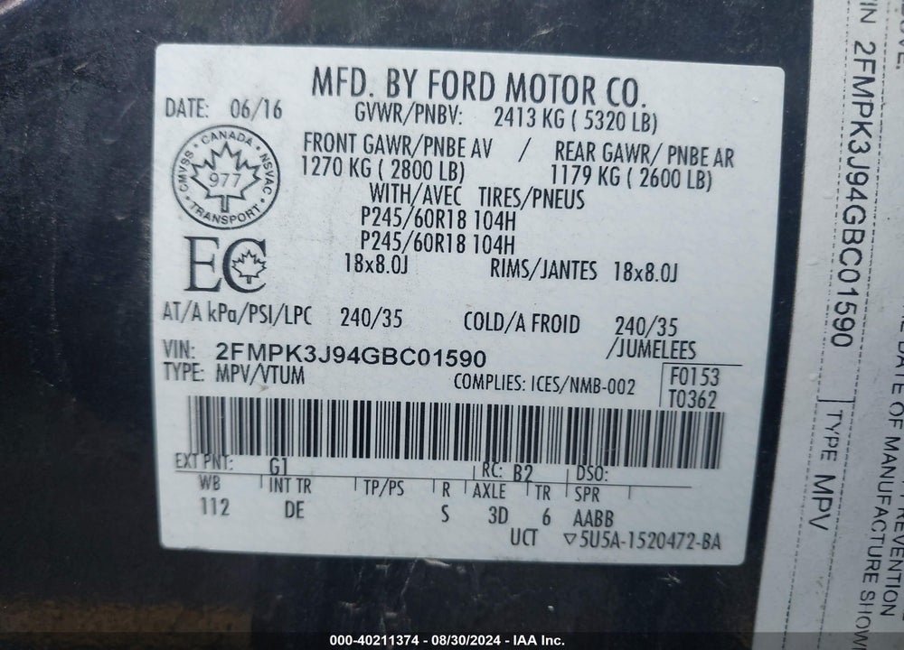 2016 FORD EDGE SEL VIN: 2FMPK3J94GBC01590