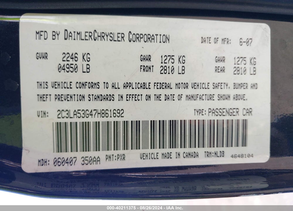 2007 CHRYSLER 300 TOURING VIN: 2C3LA53G47H861692
