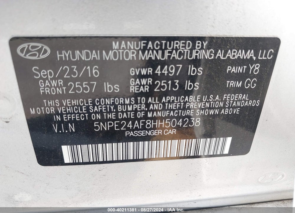 2017 HYUNDAI SONATA VIN: 5NPE24AF8HH504238