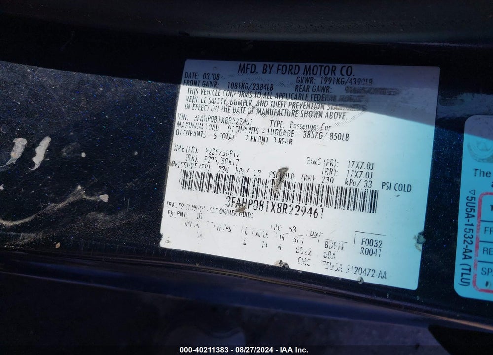 2008 FORD FUSION SEL VIN: 3FAHP081X8R229461
