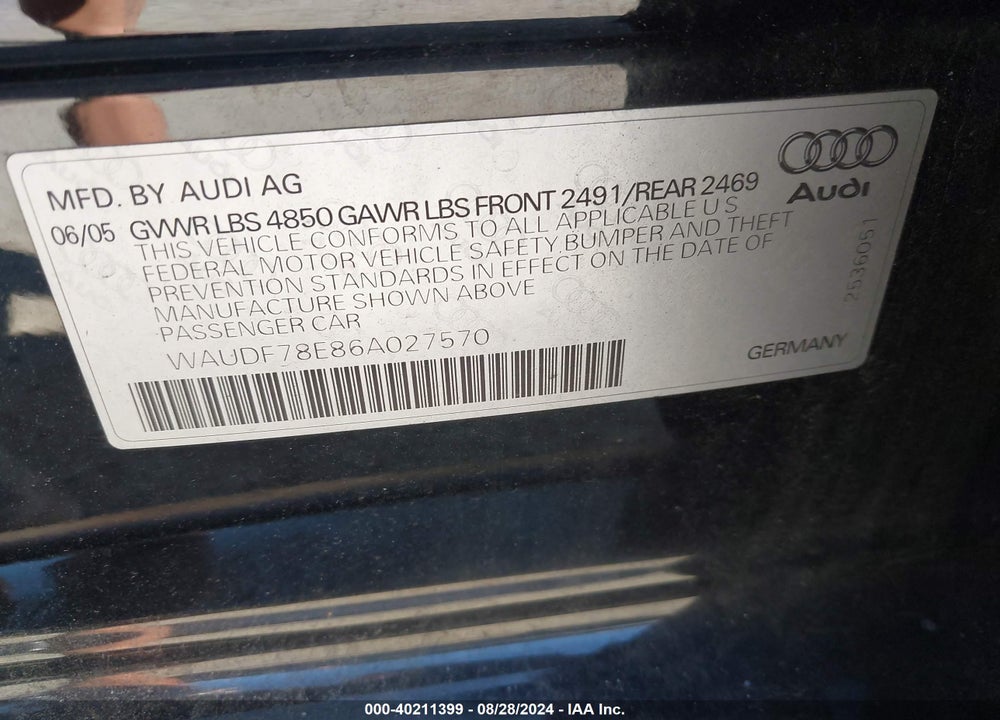 2006 AUDI A4 VIN: WAUDF78E86A027570