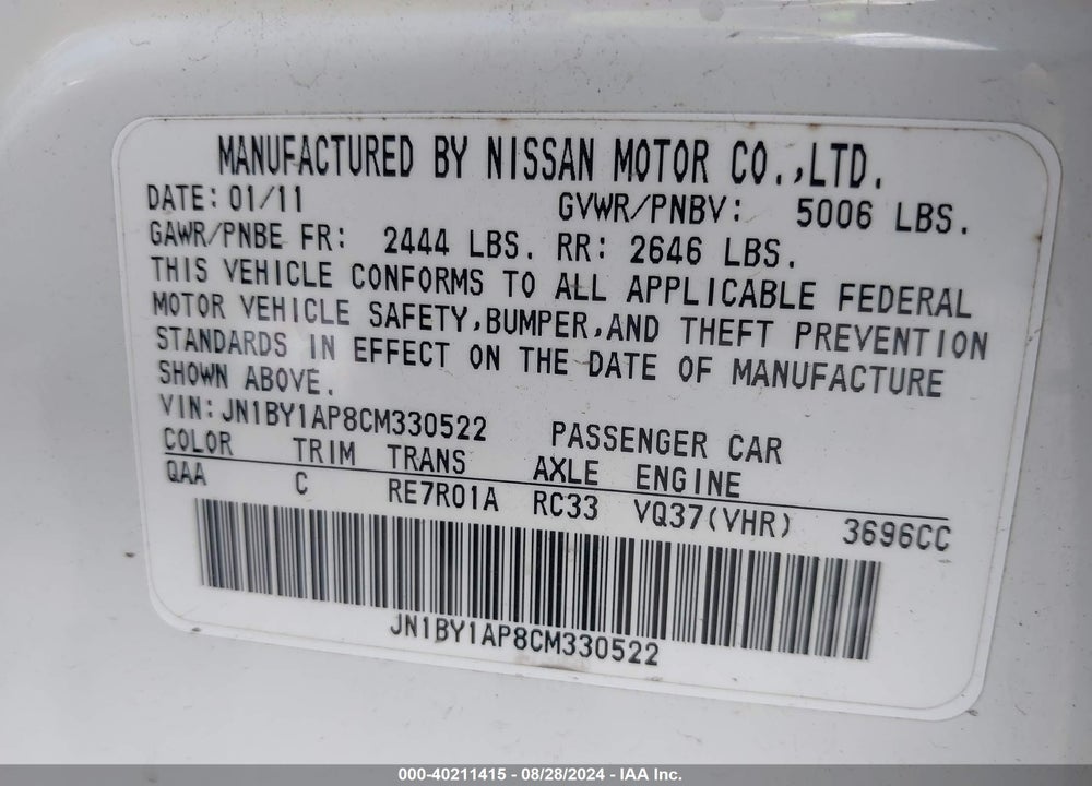 2012 INFINITI M37 VIN: JN1BY1AP8CM330522
