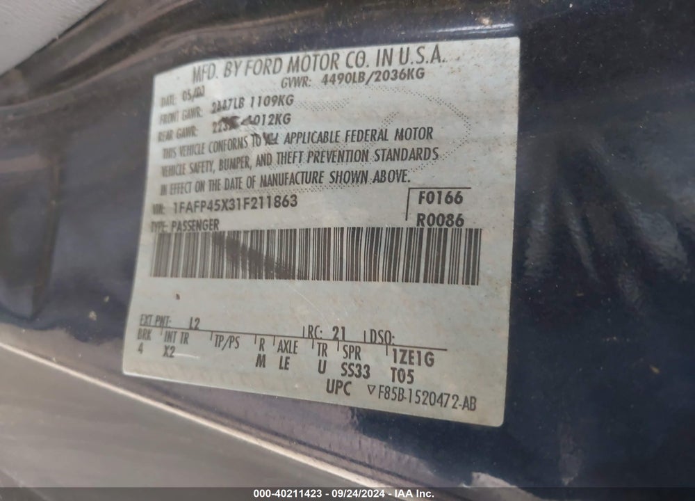 2001 FORD MUSTANG GT VIN: 1FAFP45X31F211863