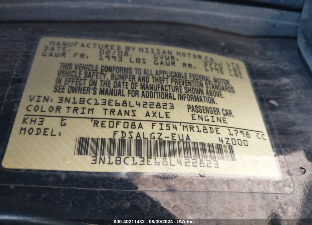 2008 NISSAN VERSA 1.8SL VIN: 3N1BC13E68L422823
