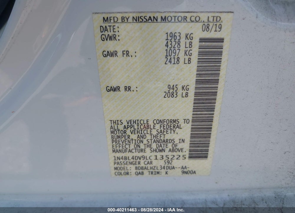 2020 NISSAN ALTIMA SV FWD VIN: 1N4BL4DV9LC135225