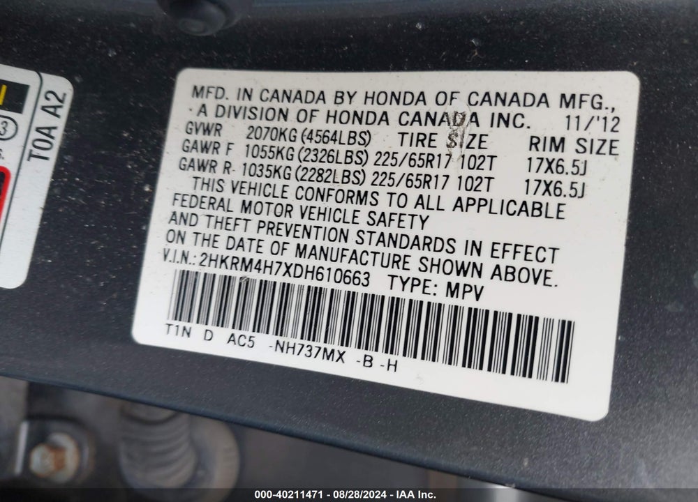 2013 HONDA CR-V EX-L VIN: 2HKRM4H7XDH610663