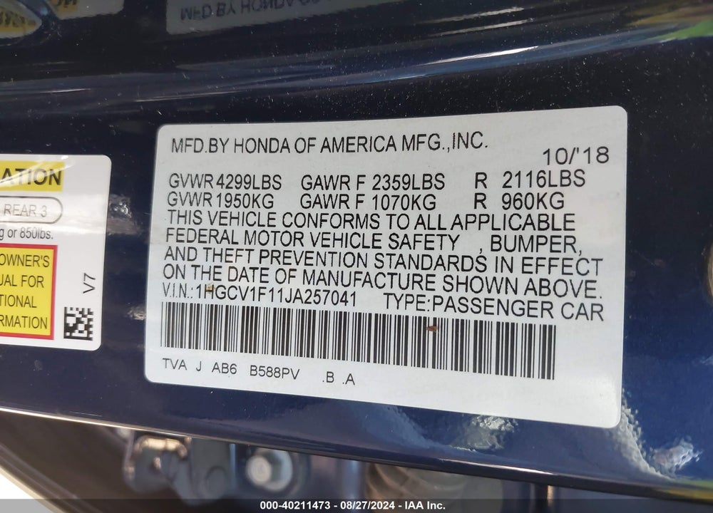 2018 HONDA ACCORD LX VIN: 1HGCV1F11JA257041