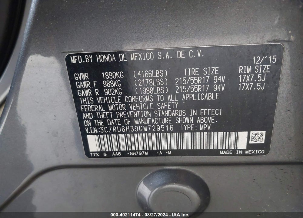 2016 HONDA HR-V LX VIN: 3CZRU6H39GM729516