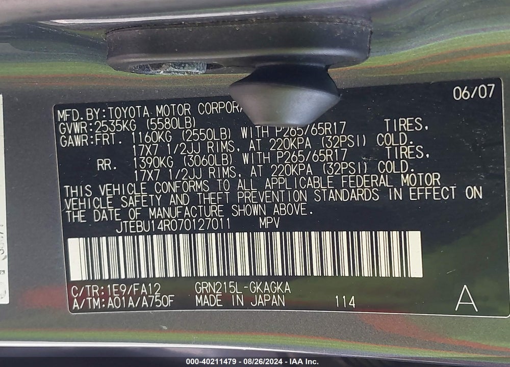2007 TOYOTA 4RUNNER SR5 V6 VIN: JTEBU14R070127011