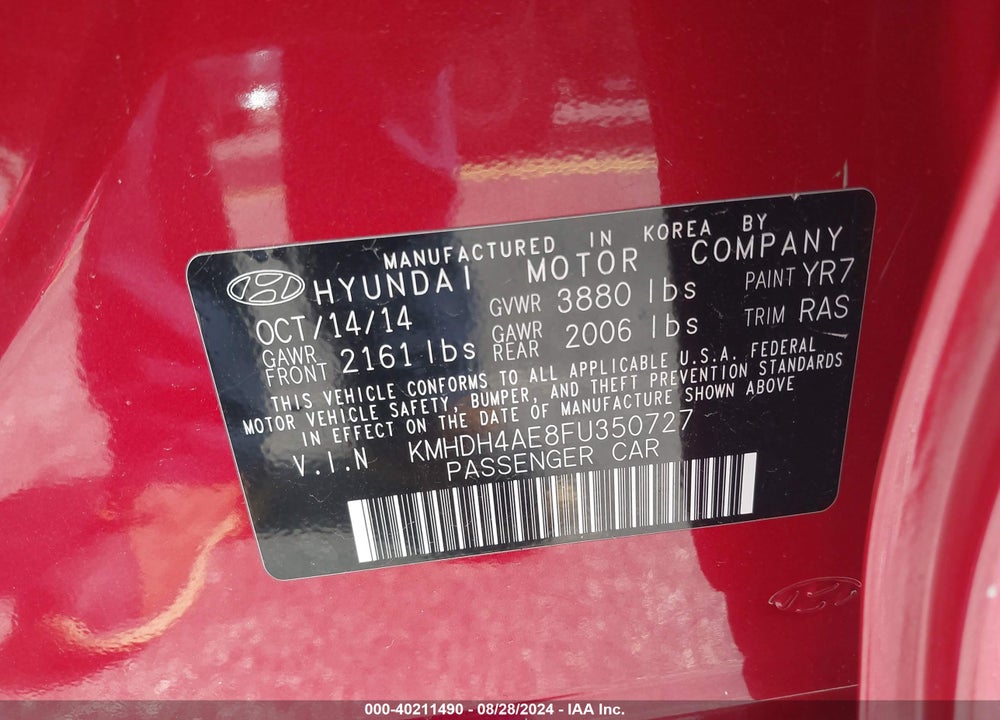 2015 HYUNDAI ELANTRA SE VIN: KMHDH4AE8FU350727