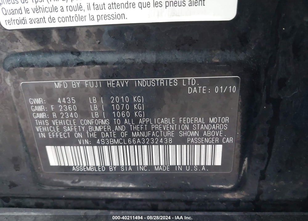 2010 SUBARU LEGACY 2.5I LIMITED VIN: 4S3BMCL66A3232438