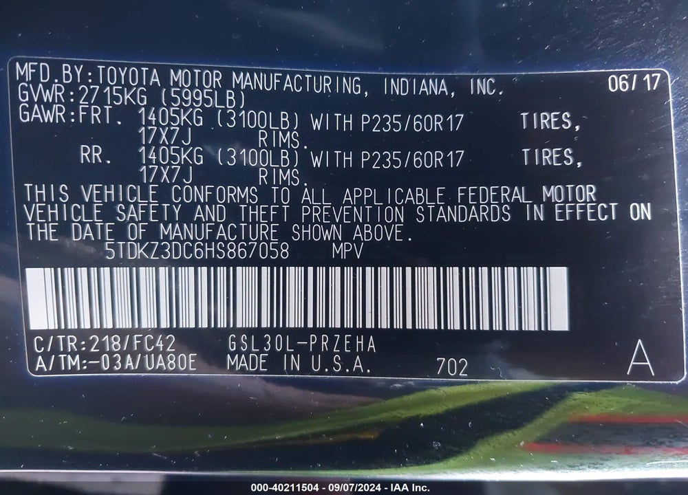 2017 TOYOTA SIENNA LE 8 PASSENGER VIN: 5TDKZ3DC6HS867058