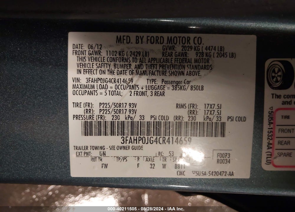 2012 FORD FUSION SEL VIN: 3FAHP0JG4CR414659