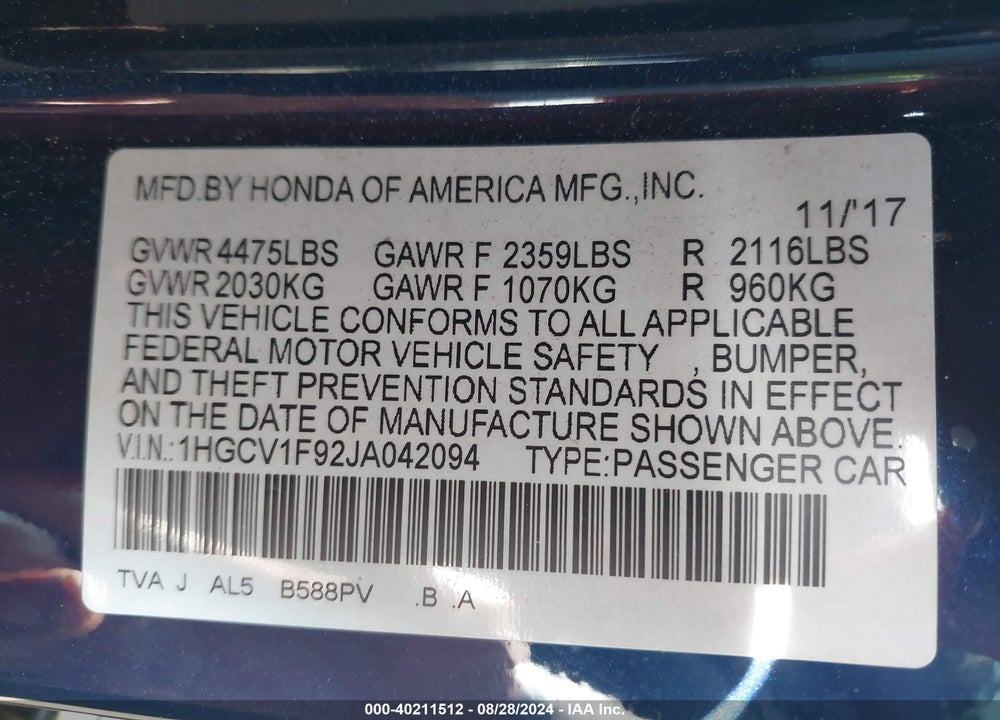 2018 HONDA ACCORD TOURING VIN: 1HGCV1F92JA042094