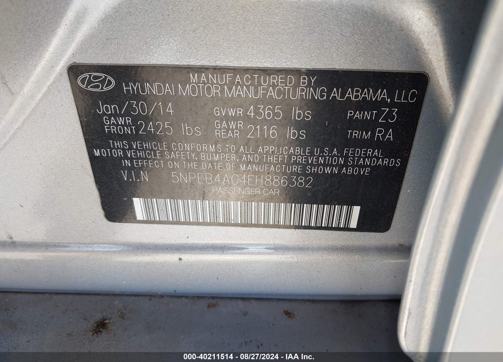 2014 HYUNDAI SONATA GLS VIN: 5NPEB4AC4EH886382