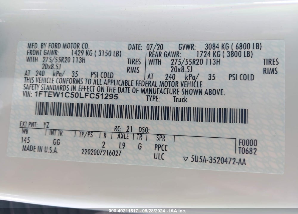 2020 FORD F-150 XL VIN: 1FTEW1C50LFC51295