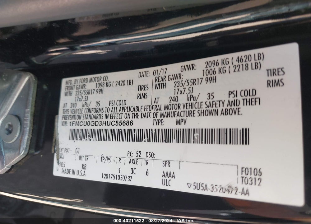 2017 FORD ESCAPE SE VIN: 1FMCU0GD3HUC55686