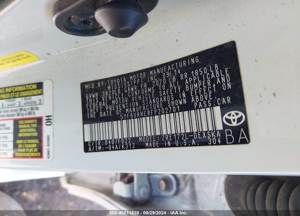 2015 TOYOTA COROLLA S PLUS VIN: 5YFBURHE8FP202701