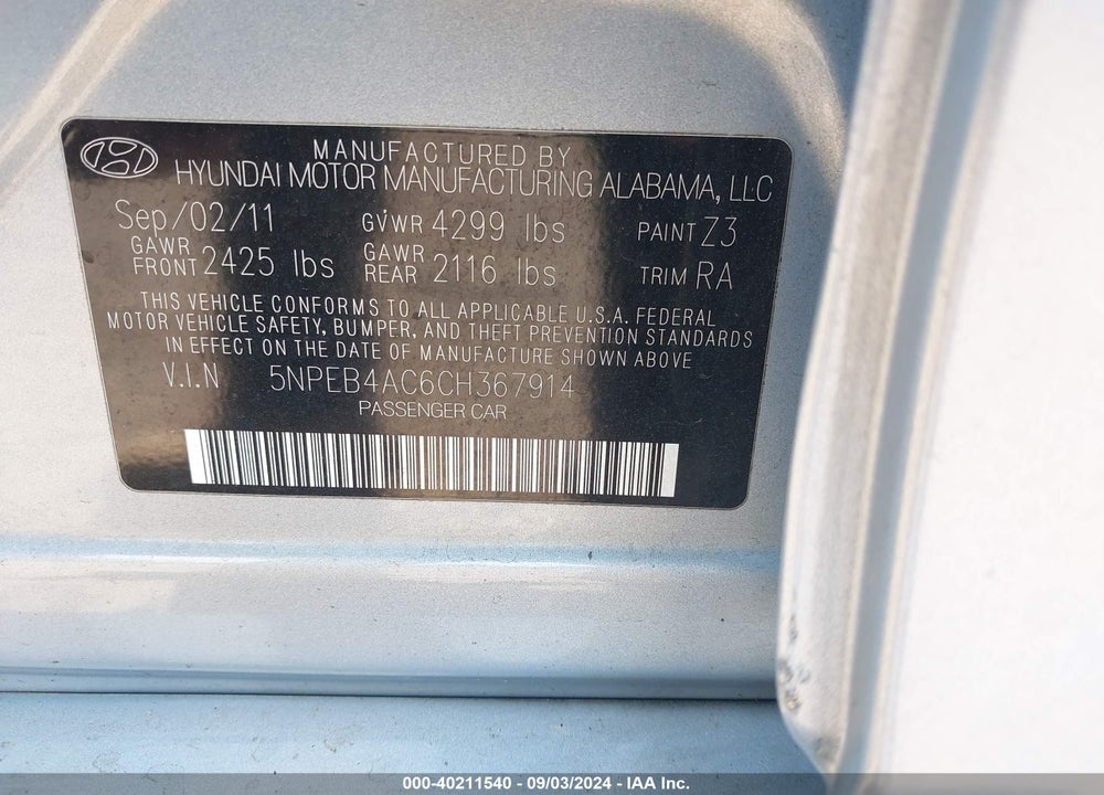 2012 HYUNDAI SONATA GLS VIN: 5NPEB4AC6CH367914