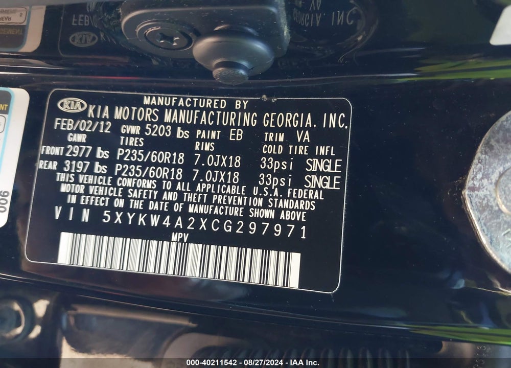 2012 KIA SORENTO SX V6 VIN: 5XYKW4A2XCG297971