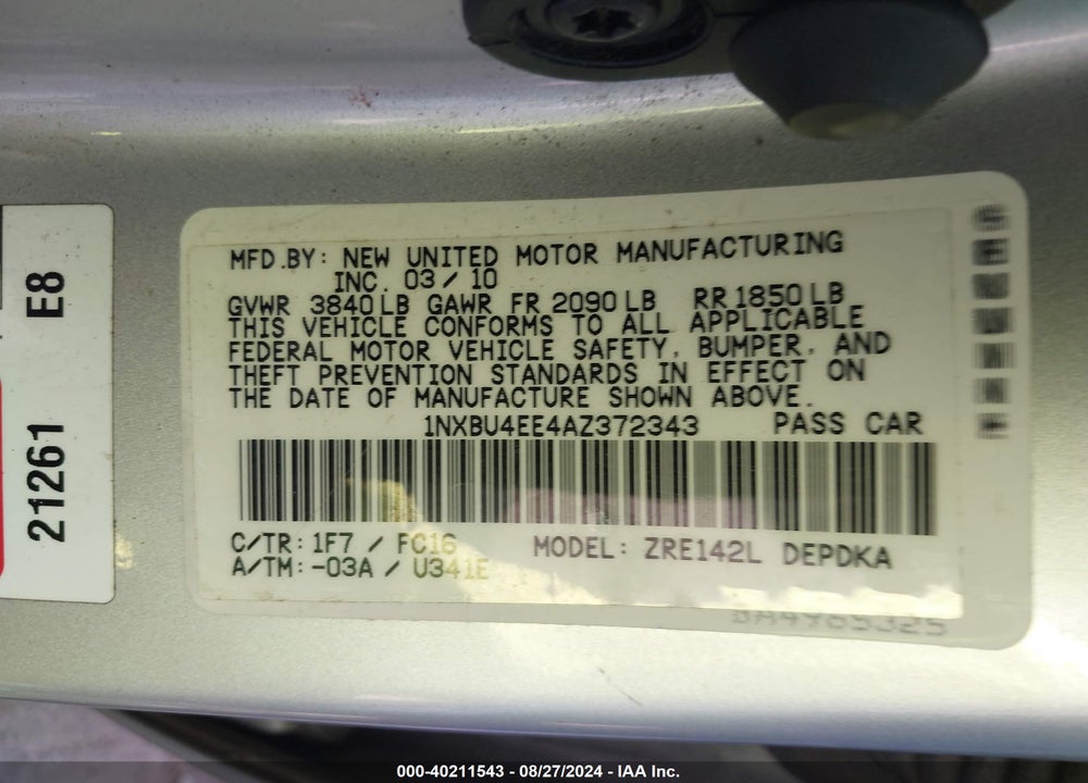 2010 TOYOTA COROLLA LE VIN: 1NXBU4EE4AZ372343