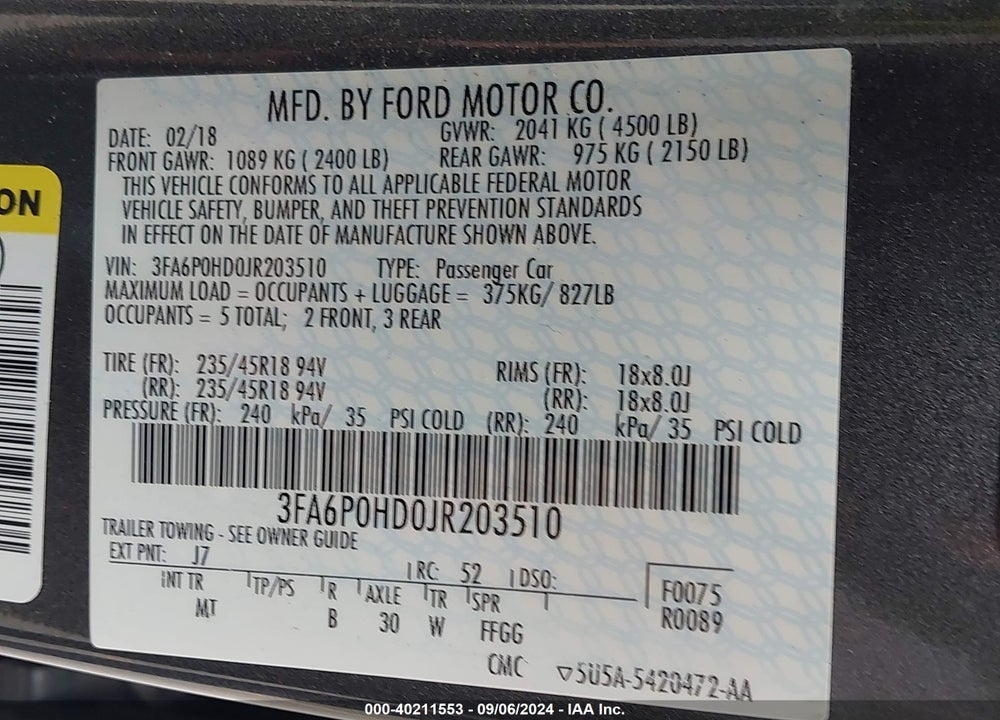 2018 FORD FUSION SE VIN: 3FA6P0HD0JR203510