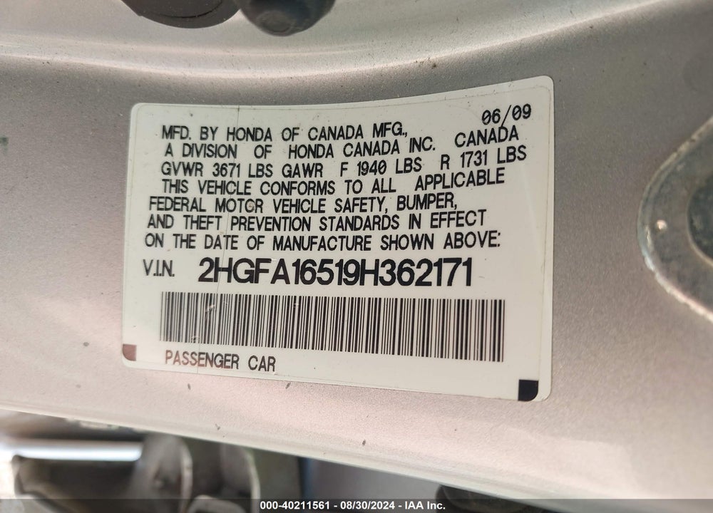 2009 HONDA CIVIC LX VIN: 2HGFA16519H362171