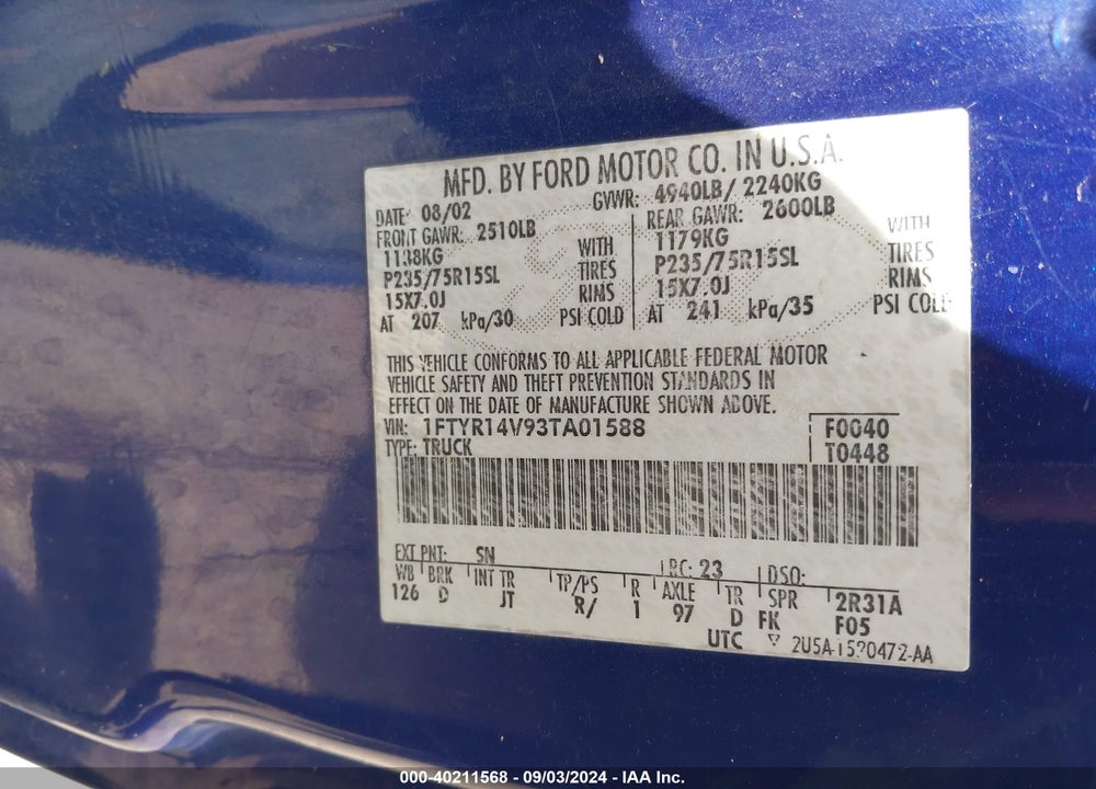2003 FORD RANGER EDGE/TREMOR/XL/XLT VIN: 1FTYR14V93TA01588